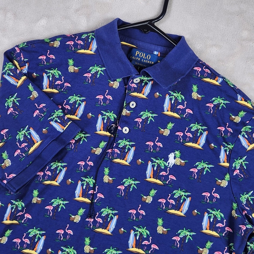 Polo Ralph Lauren Polo Shirt Mens Medium Blue Flamingo Tropical Print Beach